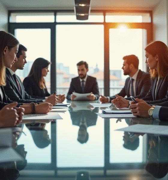 Groupe de professionnels d'affaires autour d'une table lumineuse