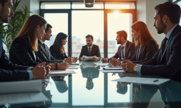 Groupe de professionnels d'affaires autour d'une table lumineuse