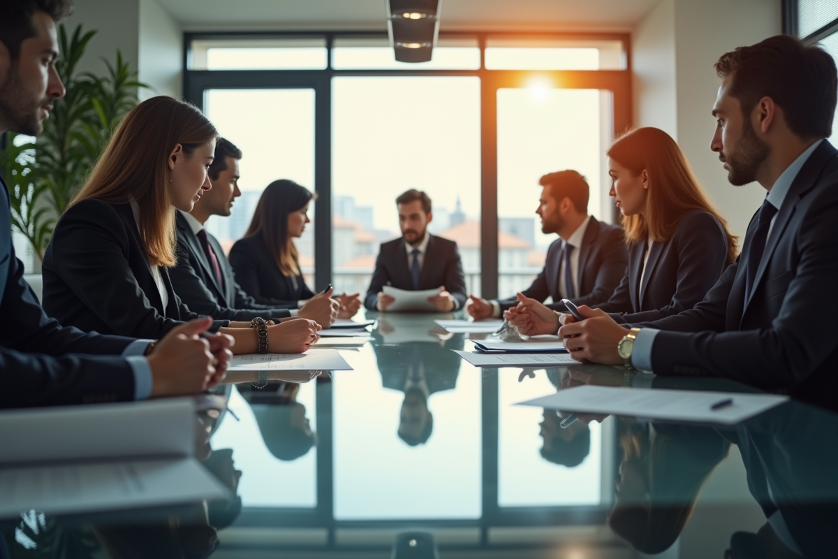Groupe de professionnels d'affaires autour d'une table lumineuse