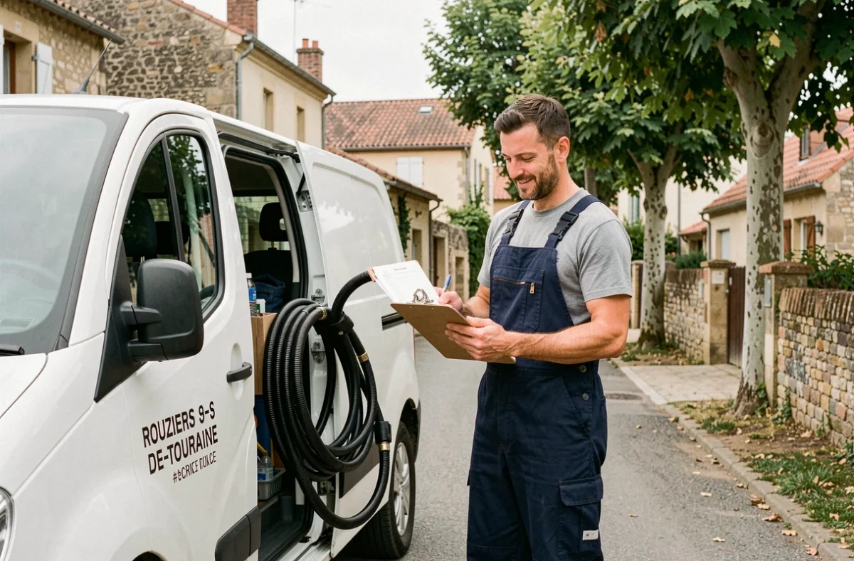 Artisan plombier de Rouziers Plomberie préparant son équipement depuis son véhicule utilitaire dans une rue calme de Rouziers-de-Touraine