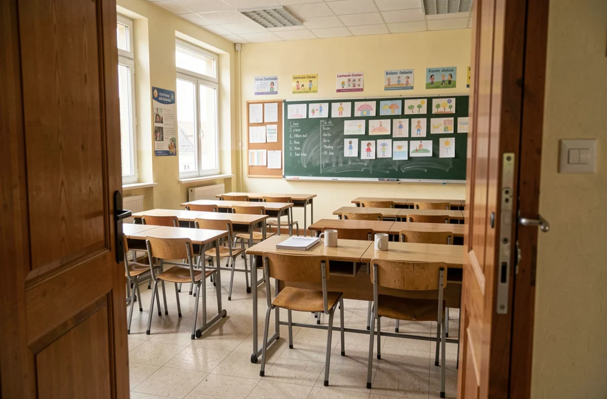 Salle de classe vide un jour de grève des enseignants dans une école française