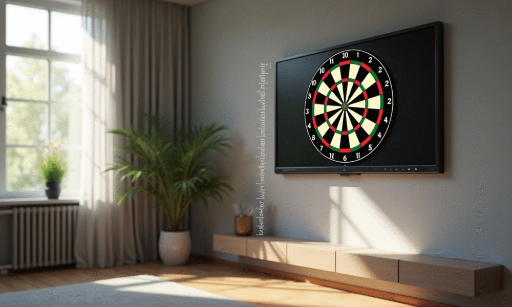Salon moderne avec un dartboard électronique mural à hauteur réglementaire