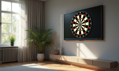 Salon moderne avec un dartboard électronique mural à hauteur réglementaire