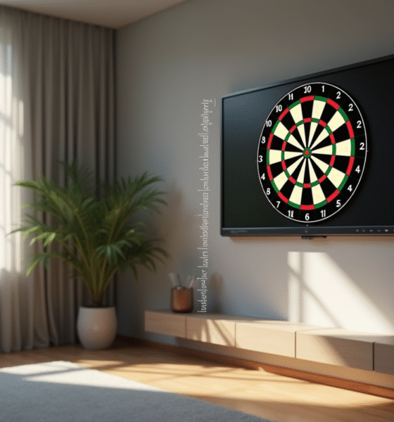 Salon moderne avec un dartboard électronique mural à hauteur réglementaire