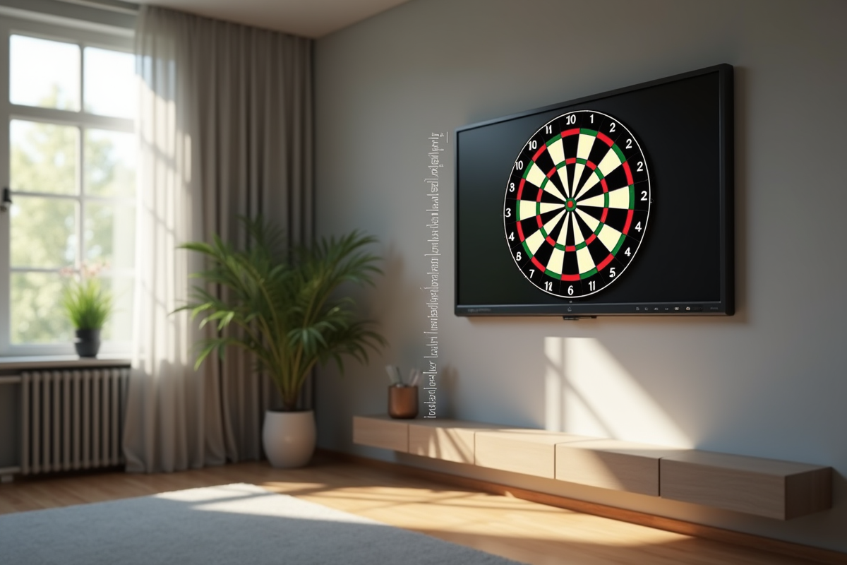 Salon moderne avec un dartboard électronique mural à hauteur réglementaire