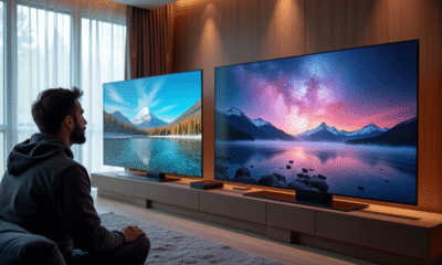 Salon moderne avec deux téléviseurs 4K et 1080p