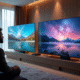 Salon moderne avec deux téléviseurs 4K et 1080p