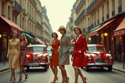 Rue parisienne élégante des années 50 avec femmes en tenues vintage