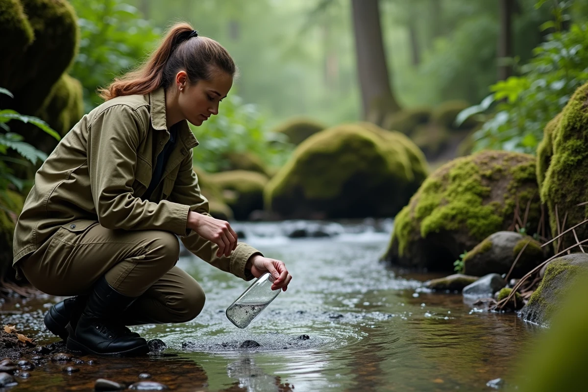 Scientifique environnementale prélevant un échantillon d'eau dans une rivière de forêt tempérée, illustrant la notion de ressource naturelle renouvelable