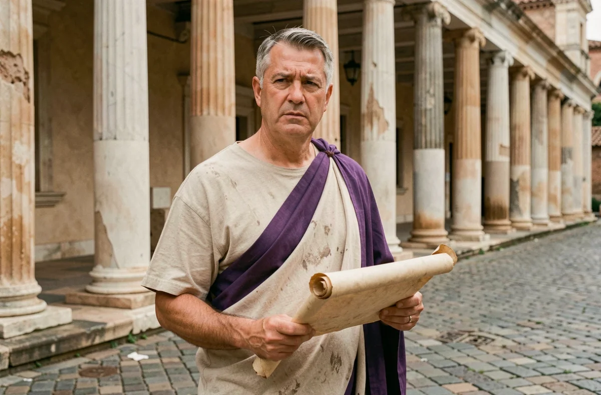 Reconstitution historique d'un sénateur romain en toge devant les colonnes d'un forum antique