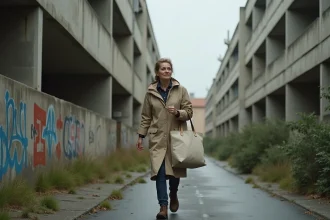 Femme marchant rapidement dans une cité du Mirail à Toulouse, exprimant un sentiment d'insécurité dans un environnement urbain dégradé