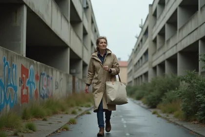 Femme marchant rapidement dans une cité du Mirail à Toulouse, exprimant un sentiment d'insécurité dans un environnement urbain dégradé