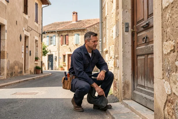 Serrurier professionnel intervenant devant une porte en bois dans une rue typique du Vaucluse en Provence