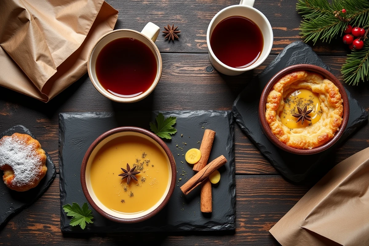 Vue aérienne des spécialités culinaires du marché de Noël de Lyon : soupe à l'oignon, rosette, vin chaud et bugnes lyonnaises