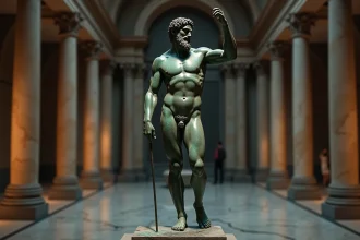Statue en bronze antique de Poséidon, dieu grec de la mer, avec patine de verdigris dans un musée aux colonnes de marbre