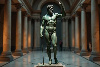 Statue en bronze antique de Poséidon, dieu grec de la mer, avec patine de verdigris dans un musée aux colonnes de marbre