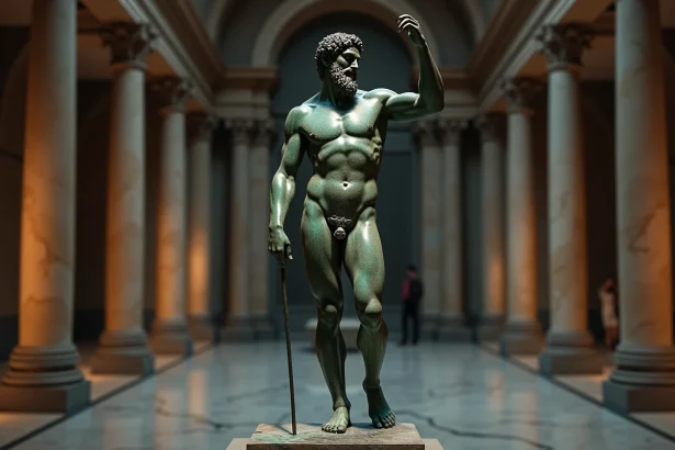 Statue en bronze antique de Poséidon, dieu grec de la mer, avec patine de verdigris dans un musée aux colonnes de marbre