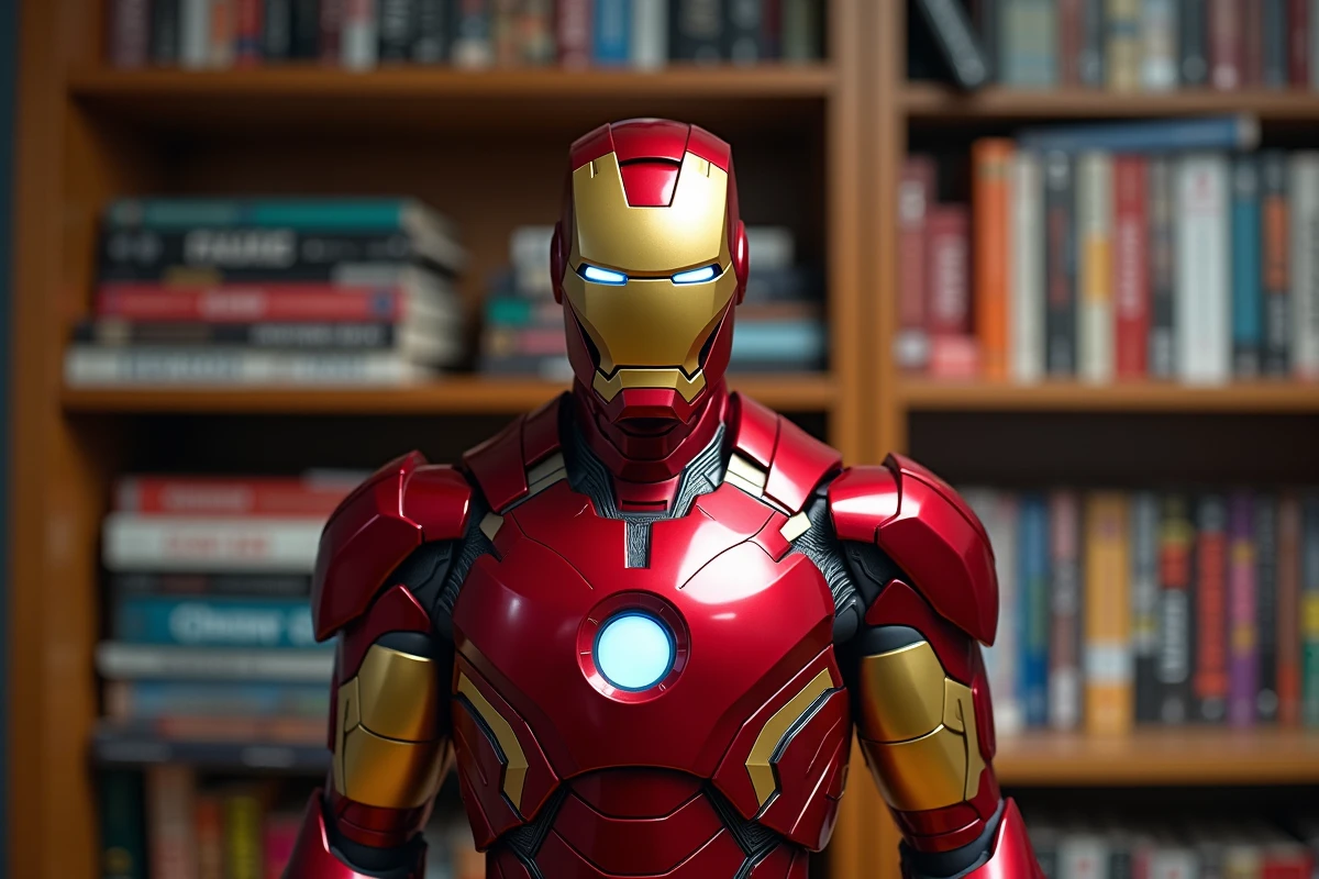 Statuette Iron Man en résine rouge et or exposée sur une étagère de collectionneur avec livres de comics en arrière-plan