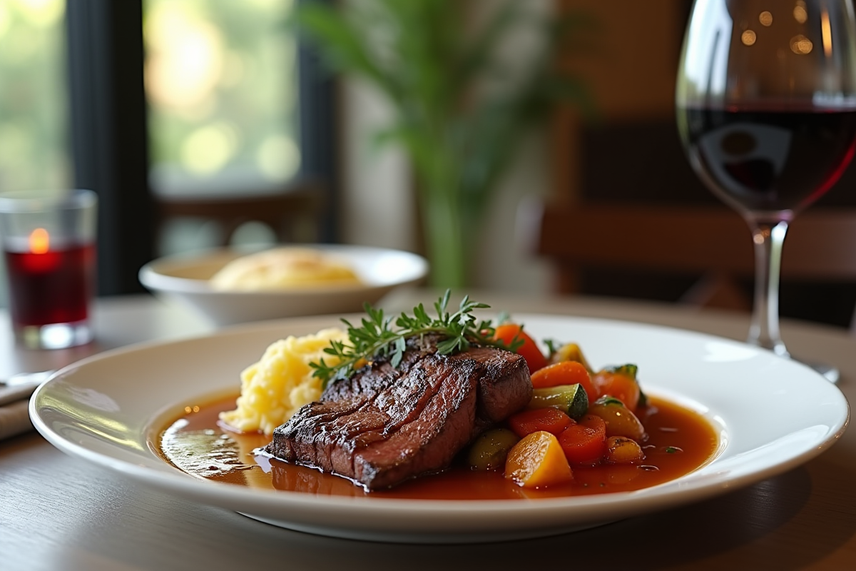 Table de restaurant avec côte de boeuf et légumes colorés