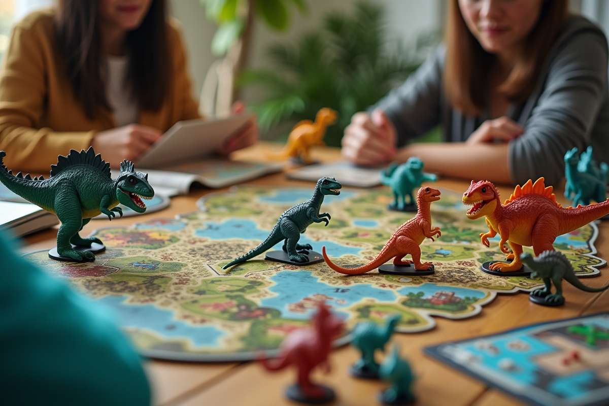 Vue de dessus d un setup de jeux de dinosaures modernes