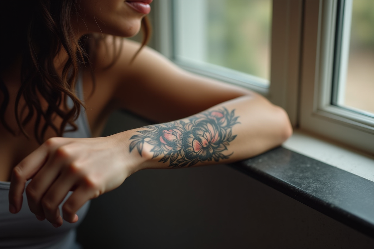 Poignet d'une femme avec tatouage floral détaillé en lumière naturelle