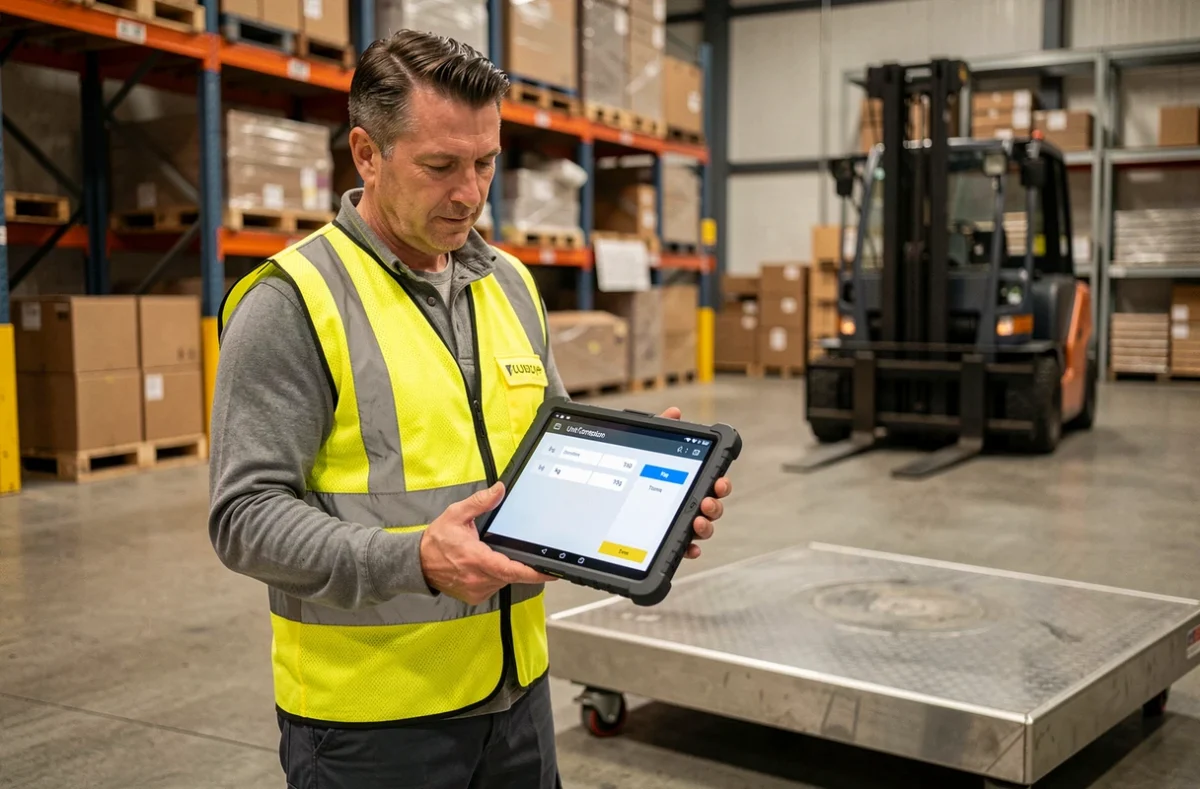 Technicien logistique en entrepôt consultant une application de conversion kilogrammes tonnes sur tablette industrielle près d'une balance