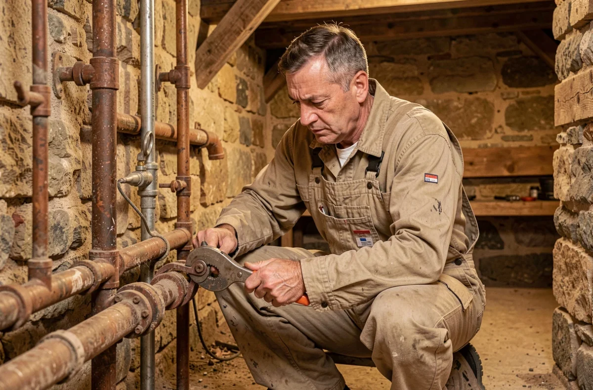 Spécialiste en restauration et plomberie de Tex Entreprise remplaçant d'anciennes canalisations en fonte dans la cave d'un bâtiment historique en pierre à Véretz