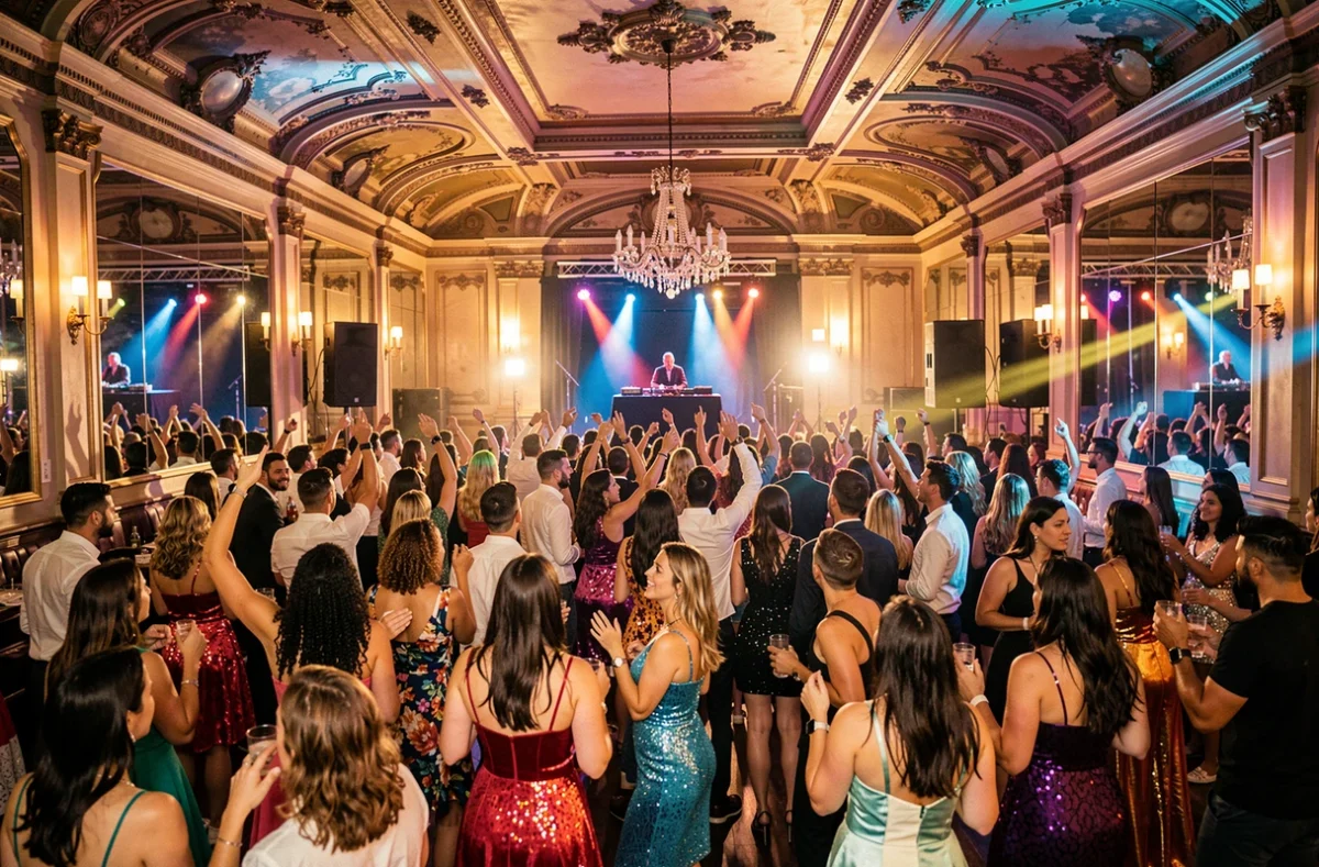Intérieur festif du Theatro à Bordeaux avec une foule animée dansant dans une discothèque au décor théâtral