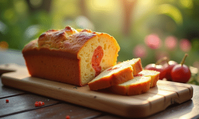 Tranche de gâteau au chorizo et chèvre sur planche en bois