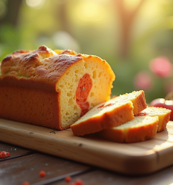 Tranche de gâteau au chorizo et chèvre sur planche en bois