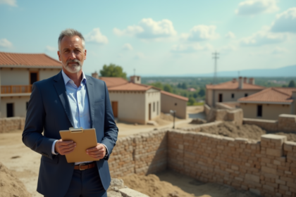 Urbaniste en costume dans un village rural en construction