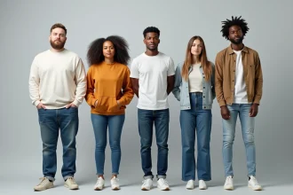Groupe de cinq adultes de différentes origines ethniques debout côte à côte illustrant les variations de taille moyenne par pays