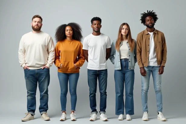 Groupe de cinq adultes de différentes origines ethniques debout côte à côte illustrant les variations de taille moyenne par pays