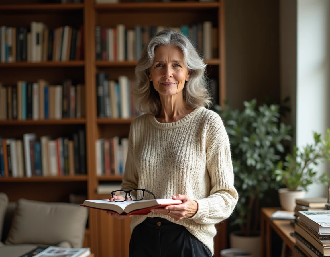 Femme cultivée dans une bibliothèque personnelle chaleureuse, lisant avec un sourire serein, évoquant la vie intime et retirée d'une personnalité du cinéma français