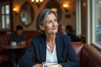 Femme élégante d'une cinquantaine d'années dans un café parisien, réfléchissant près d'une fenêtre sous la pluie, illustrant la vie privée et la discrétion d'une personnalité publique