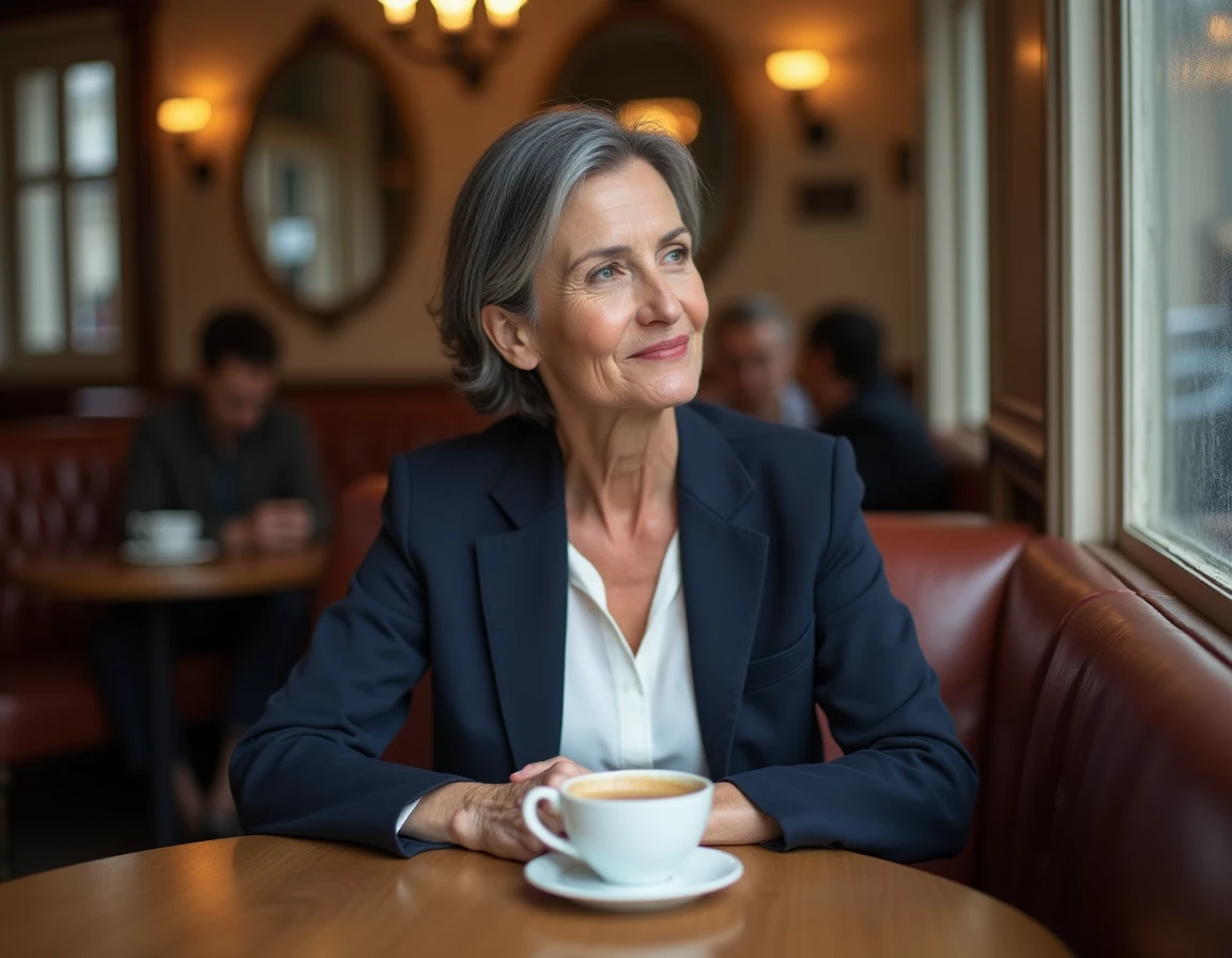 Femme élégante d'une cinquantaine d'années dans un café parisien, réfléchissant près d'une fenêtre sous la pluie, illustrant la vie privée et la discrétion d'une personnalité publique
