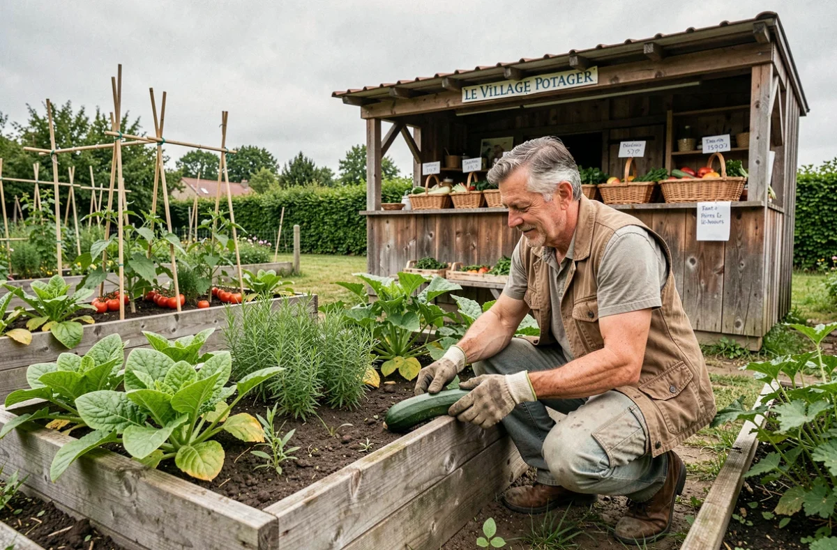 Maraîcher récoltant des courgettes dans les jardins potagers du Village Potager à Saint-Pierre-lès-Nemours