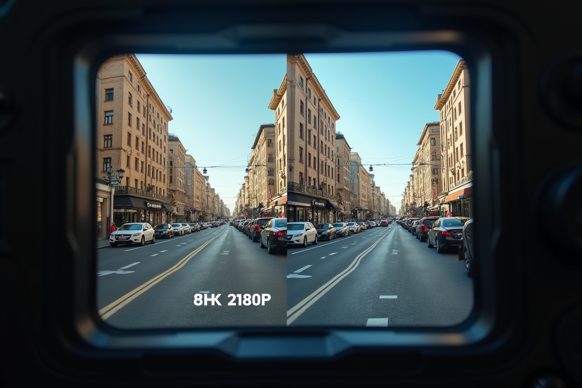 Viseur de caméra montrant deux images de ville en 1080p et 4K