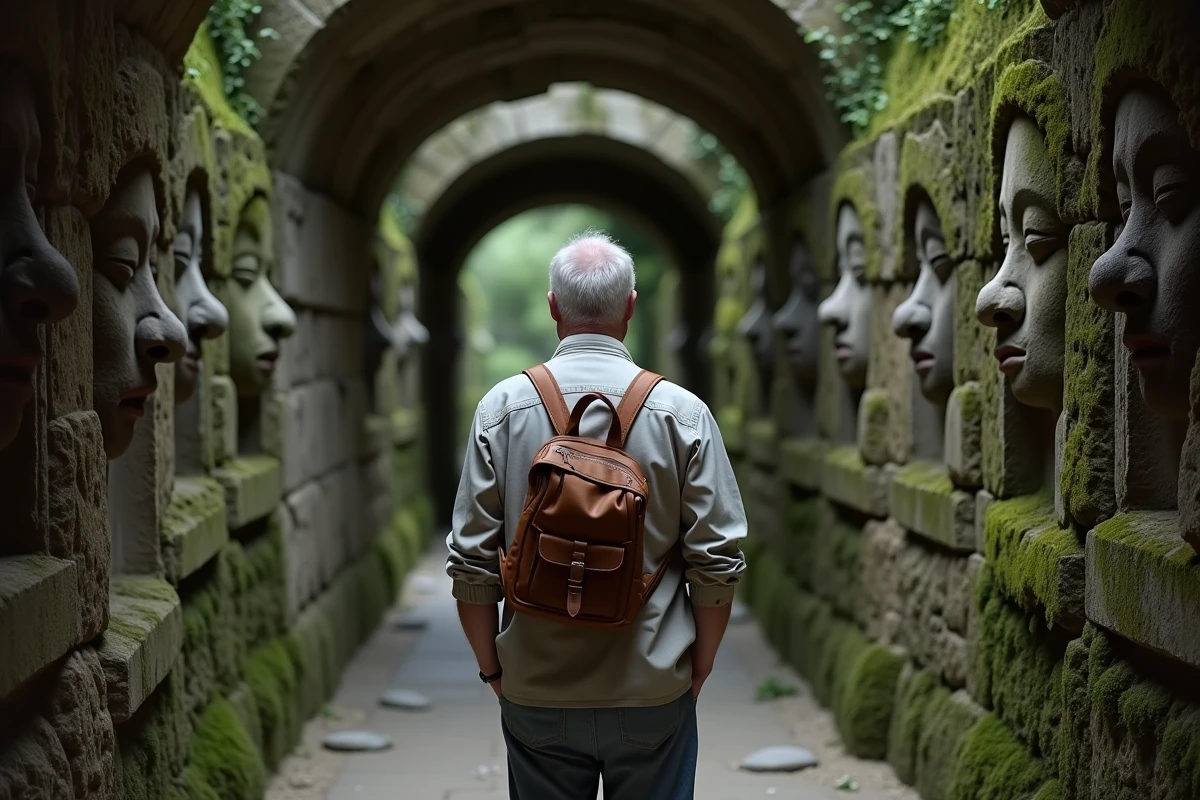 Visiteur admirant les grottes sculptées et les corridors en pierre du Palais Idéal du Facteur Cheval à Hauterives