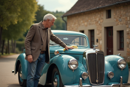 Homme en tweed polissant une voiture ancienne française
