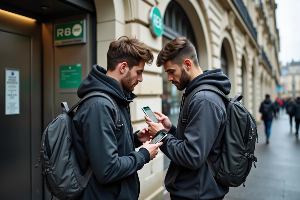 Deux jeunes voyageurs consultant une carte numérique du RER devant une entrée de station en Île-de-France