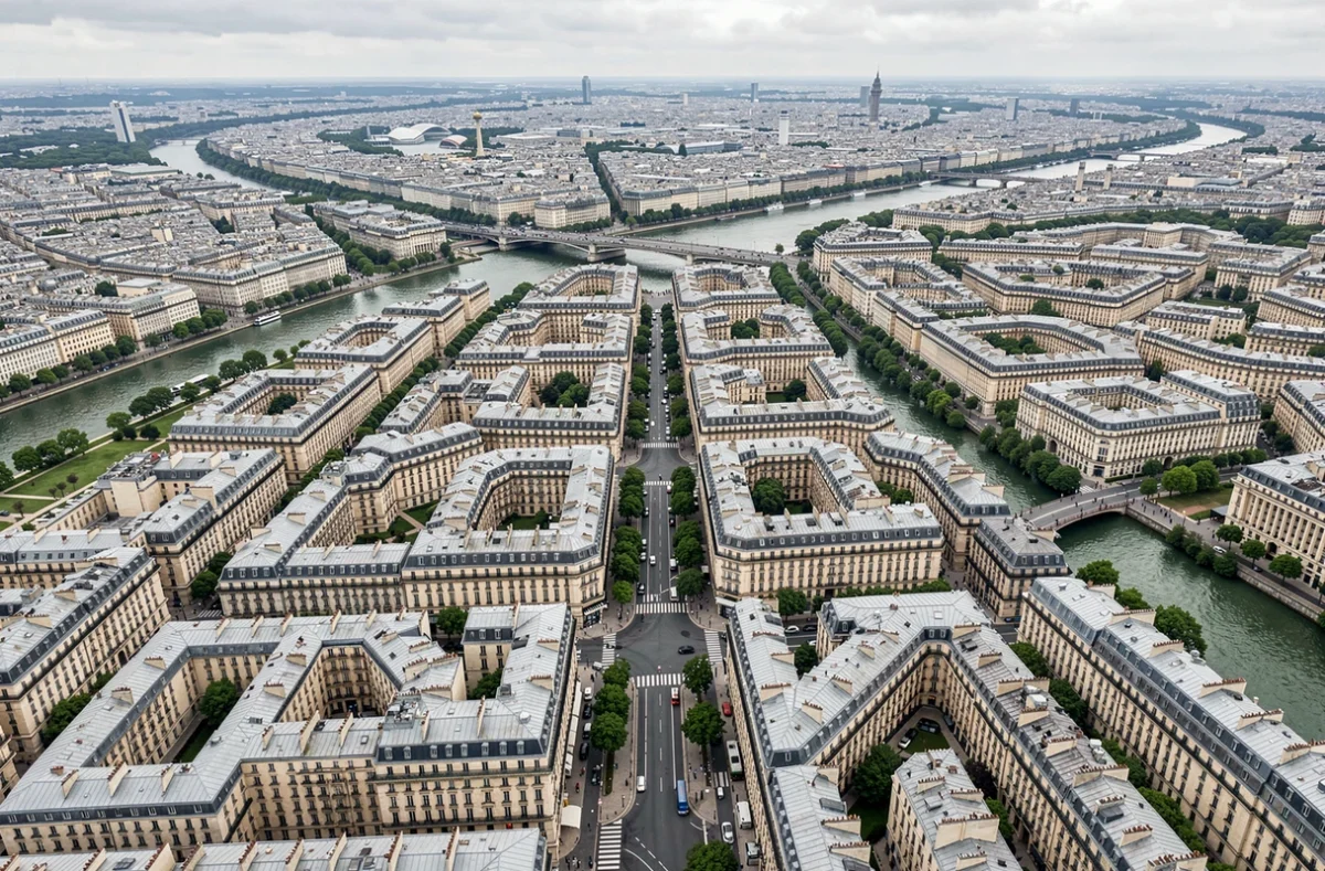 Vue aérienne de Paris montrant la densité urbaine et la taille variable des arrondissements depuis le ciel