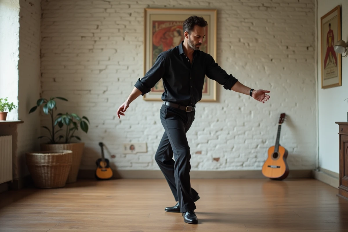Homme pratiquant le zapateado de flamenco dans un studio à domicile avec guitare espagnole en arrière-plan